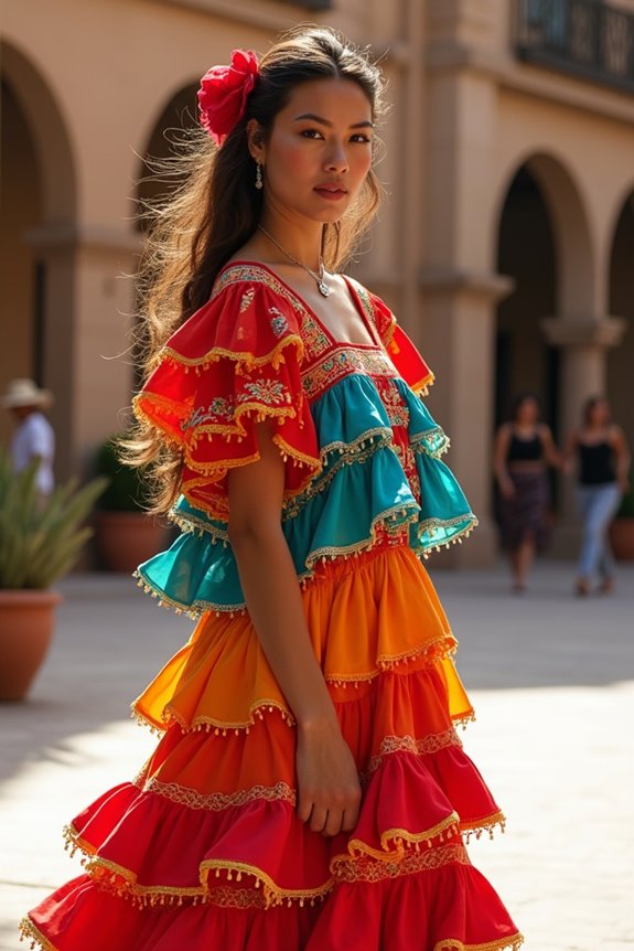 layered ruffles vibrant folk dress
