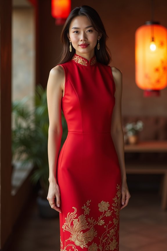 modern red dress with embroidered motifs