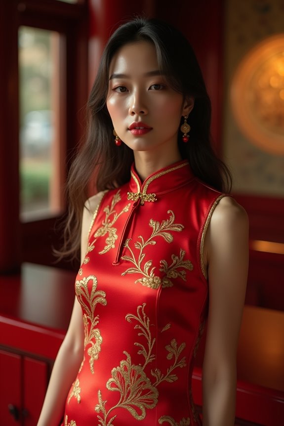 red cheongsam with gold accents