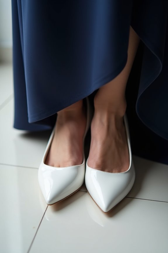 white shoes with navy contrast beautifully